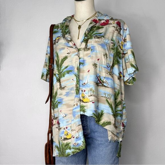 Vintage 90s Beach Scene Button Up Hawaiian Shirt Rayon Coastal Print Large - Picture 8 of 8